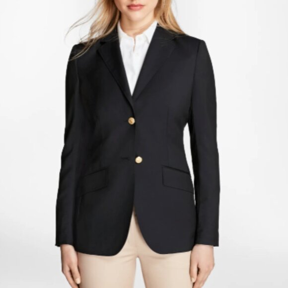 BROOKS BROTHERS Womens Navy Blue Blazer Size14 Italian Wool Goldtone Logo Button - Picture 1 of 16